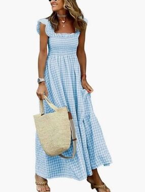 Blue Gingham Smocked Maxi Dress - Women